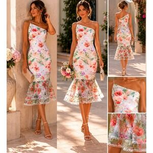 Liv Foster Floral One Shoulder Midi Dress Sz 2 NWT Embroidered Ruffle Hem Garden